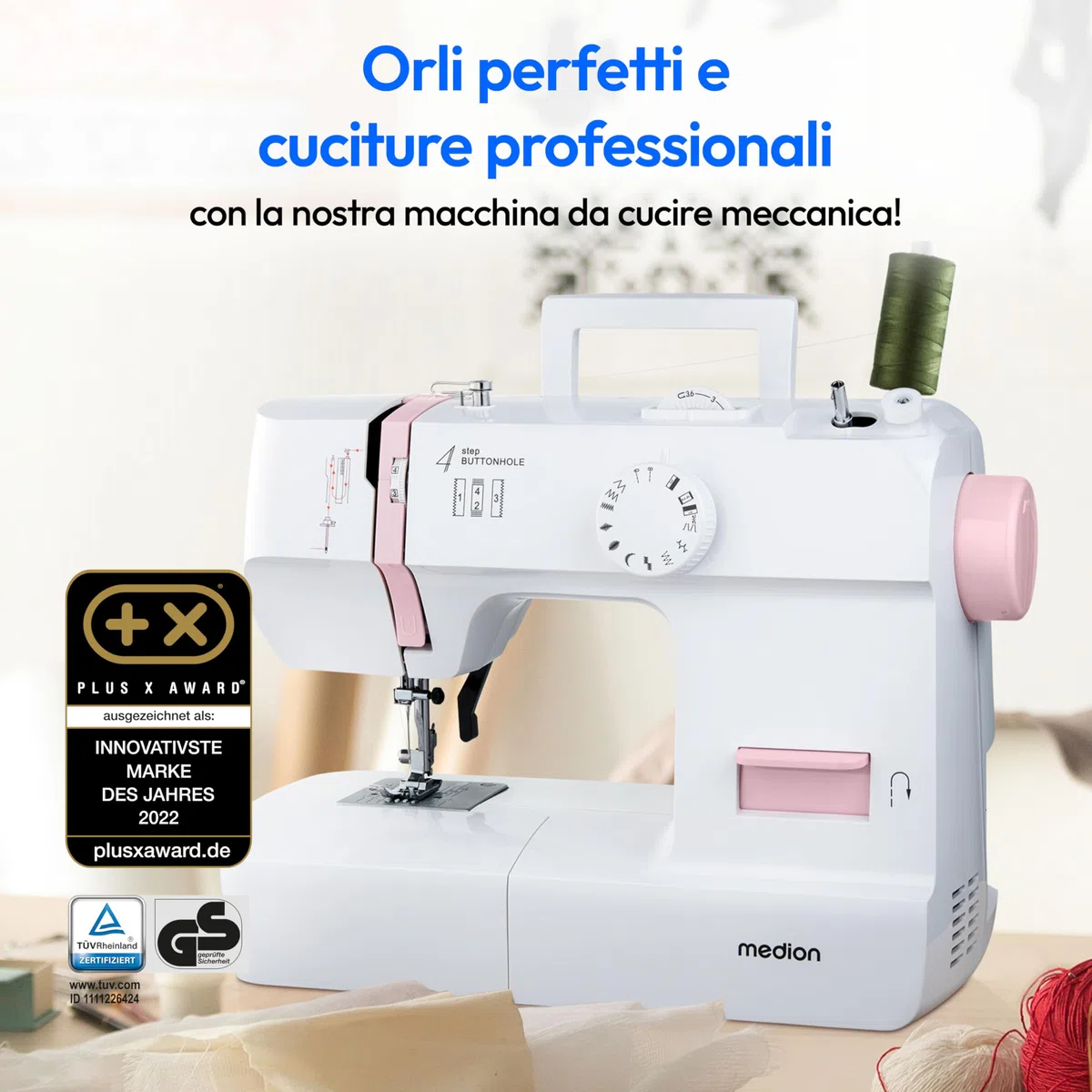 MEDION Macchina per cucire SM70 (70 watt, 12 diversi modelli di punto, luce di cucitura a LED, lunghezza del punto regolabile, pulsante di inversione, tagliafilo, MD11179) rosa