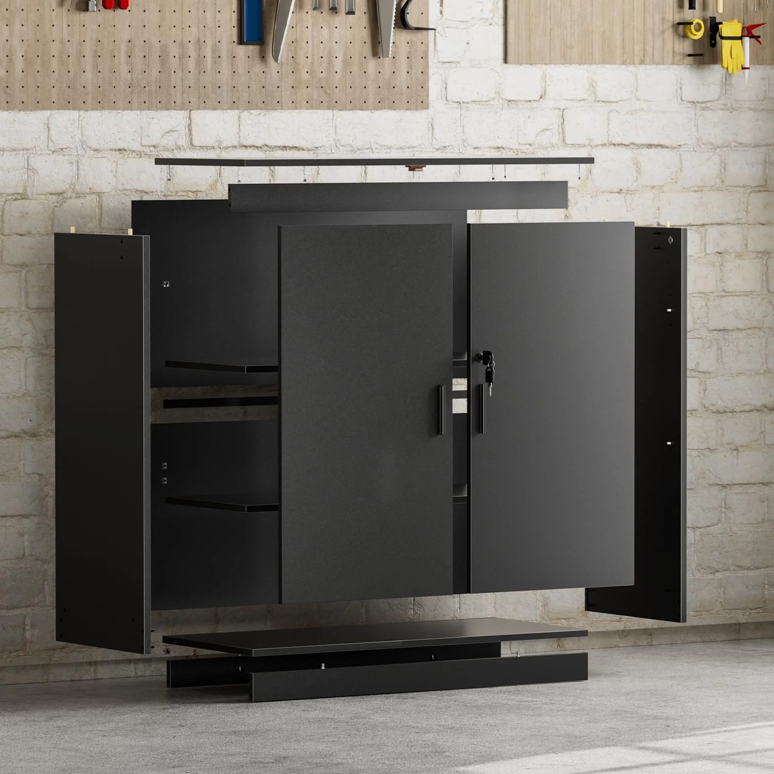 Armadio Ufficio, Schedario da Ufficio Multiuso con Serratura Chiave, Ripiani Regolabile e Due Ante, Armadietto Salvaspazio Mobiletto per Cucina Soggiorno Officina Credenza Stampante, Nero