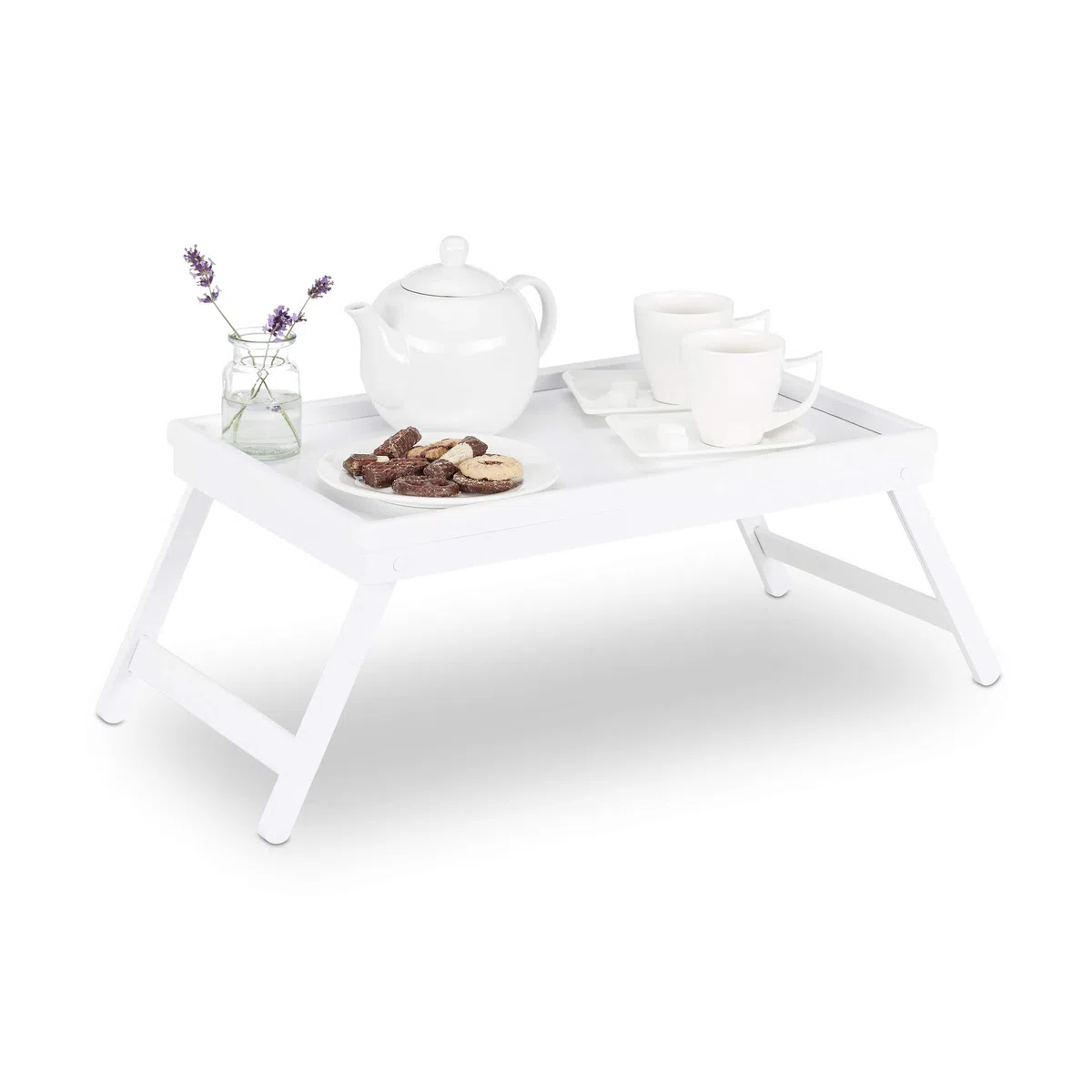 Relaxdays Tavolino da letto in bambù gambe pieghevoli bordo rialzato vassoio da colazione HLP: 22x64x31 cm bianco
