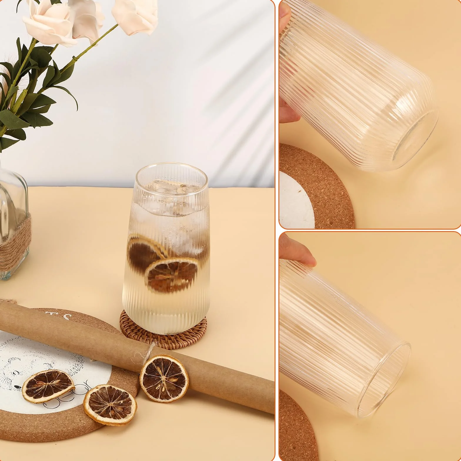 Auauraintt Latte macchiato bicchieri da caffè,500 ml, set da 4，Bicchieri da Tè in Vetro, Trasparente,a coste,per Tè, Caffè, Latte, Cappuccino, Espresso, Succo