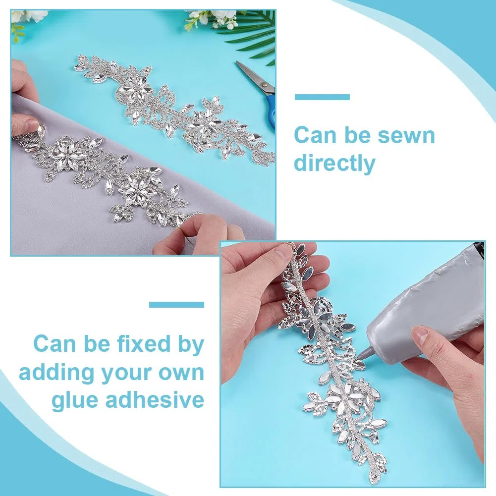 FINGERINSPIRE 1 Paio Toppe con Perline e Strass Toppe con Perline e Strass in Cristallo Fatte a Mano con Fiori in Argento e Cristalli per Decorazioni di Abiti da Sposa, Accessori per Vestiti