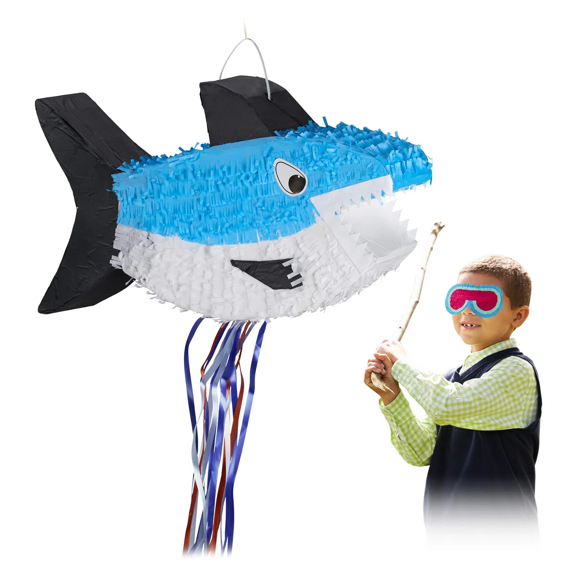 Relaxdays Pignatta a Forma di Squalo, da Appendere, per Bambini, per Bimbe e Bimbi Feste Compleanno, da Riempire, Blu