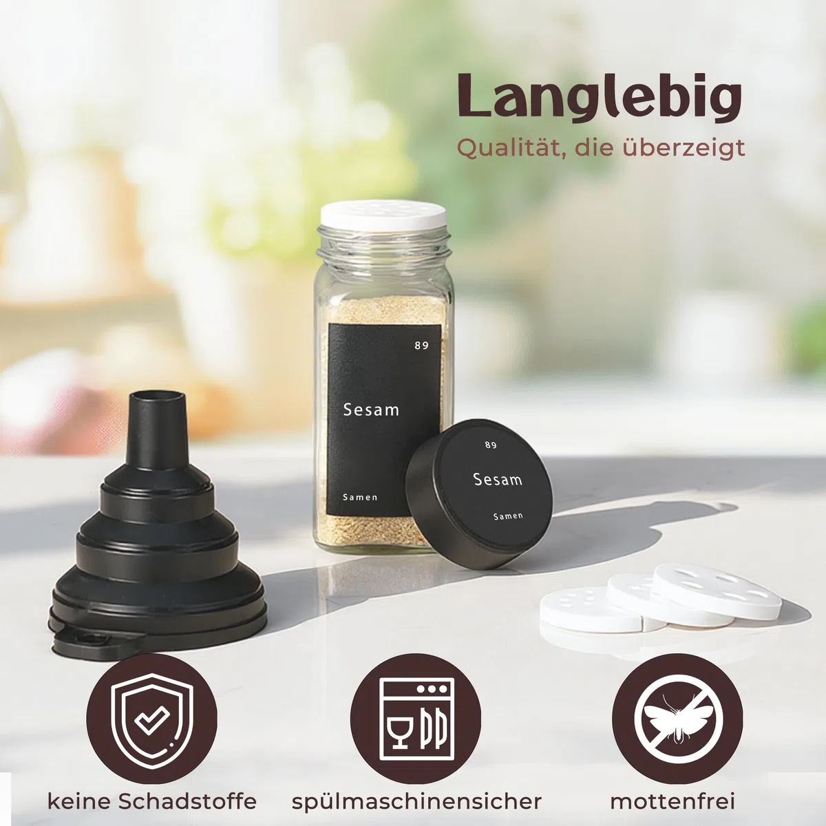Set di 24 barattoli per spezie – Contenitore per spezie in vetro da 120 ml con coperchi in bambù, inserti per spargere, etichette, imbuto e spazzola, dispenser per spezie con accessori