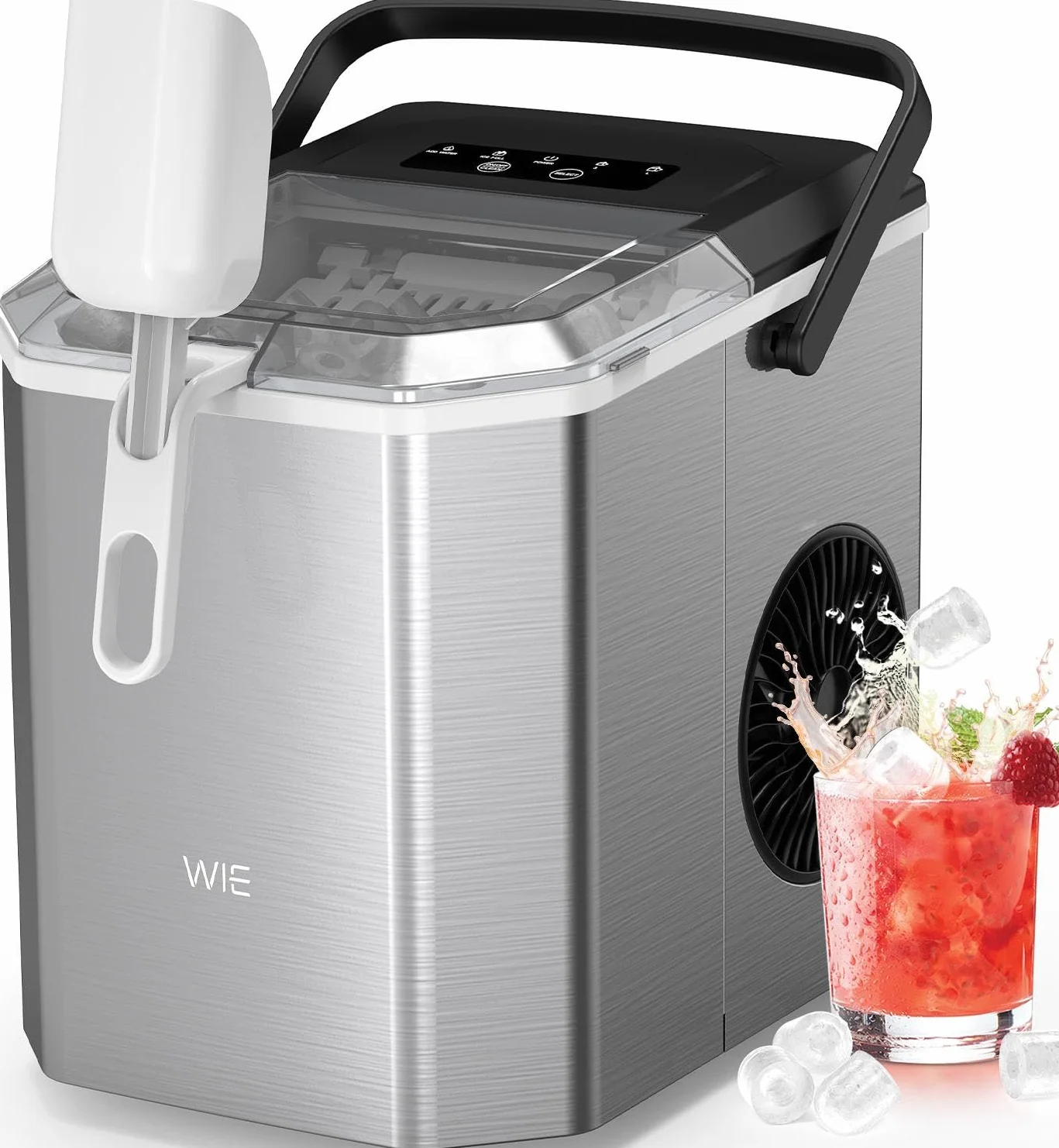WIE Macchina Ghiaccio, 1.5L Macchina del Ghiaccio, 9 Cubetti di Ghiaccio in 6 Minuti, con Maniglia/Cestello/Pala/Silenzioso, Acciaio Inossidabile