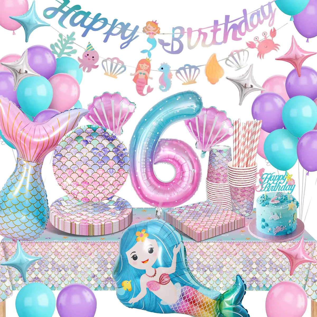 Sirenetta Compleanno Stoviglie per Feste, Sirenetta Palloncini Decorazioni Compleanno 6 Anni, Sirenetta Party Decoration con Palloncino per 6 Anni Ragazze Decorazione 16 Ospiti