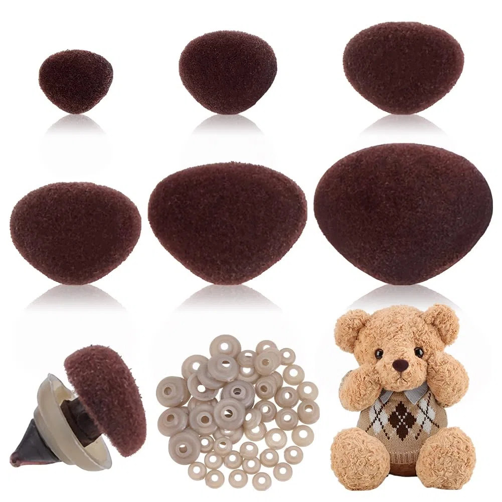 PH PandaHall 120 nasi di sicurezza floccati, 6 dimensioni, a triangolo, in plastica, con rondelle, per amigurumi e progetti di artigianato all'uncinetto, 11-29 mm, marrone