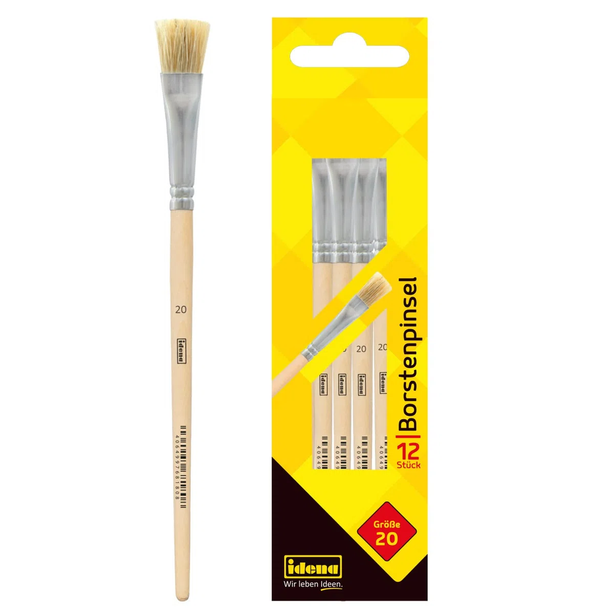 Idena 90102 - Pennelli in setola, misura 20, con manico in legno non verniciato, set di 12, pennelli per bambini e artisti per hobby