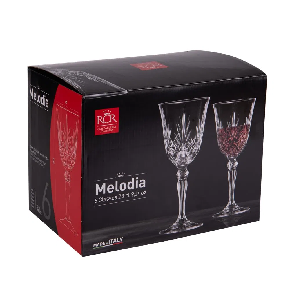 RCR Cristalleria Italiana S.p.a. Linea Melodia | Calici da Acqua Vino Rosso e Bianco in Vetro Bicchieri Moderni Set 6 Biccheri di Cristallo da 27 Cl