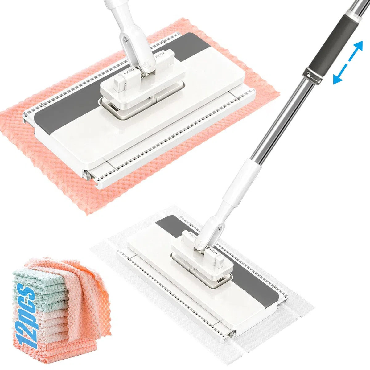 Mocio con Sistema di Bloccaggio a Pressione, Mocio Lavapavimenti con Clip,con 12 Ricambio Panno, Mop Rotante a 360°, Mini Mo-cio con Cambio Automatico per Pulire i Pavimenti, Armadi
