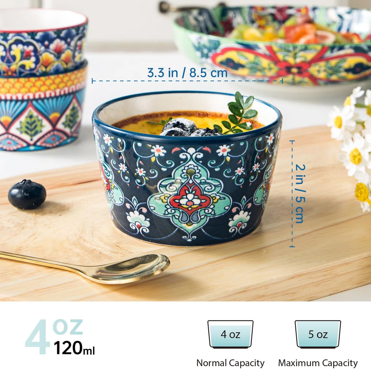 HENXFEN LEAD Coppette per crème brûlée da 120 ml, set di 6 stampini per soufflé in porcellana, mini pirofile colorate per deliziosi stufati, ragù e budini - stile bohémien.
