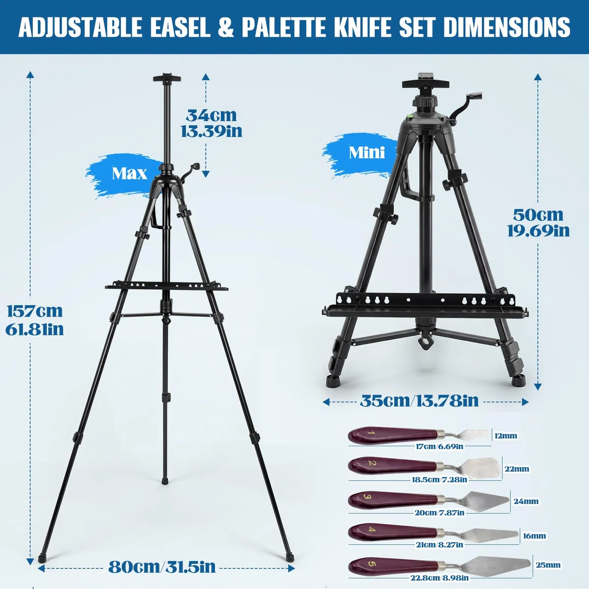 Cavalletto Pittura 50–157 cm con Manovella, Cavalletto da Studio e da Campo in Ferro, Treppiede Pieghevole Portatile con Borsa + Set 5 Spatole/Malmesser, per Acrilico Olio Acquerello