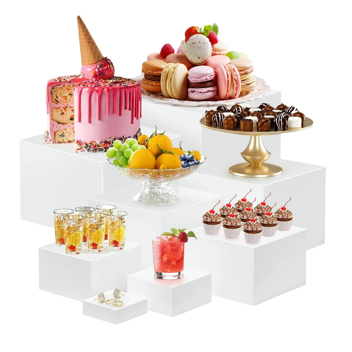 Alzatine per Allestimenti, Set di 8 Alzate per Buffet, Espositore da Buffet per Aperitivo, Alzata per Dolci in Acrilico per Torte, Dessert, Gioielli, Supporto Cubico Annidabile Bianco （3-10in）