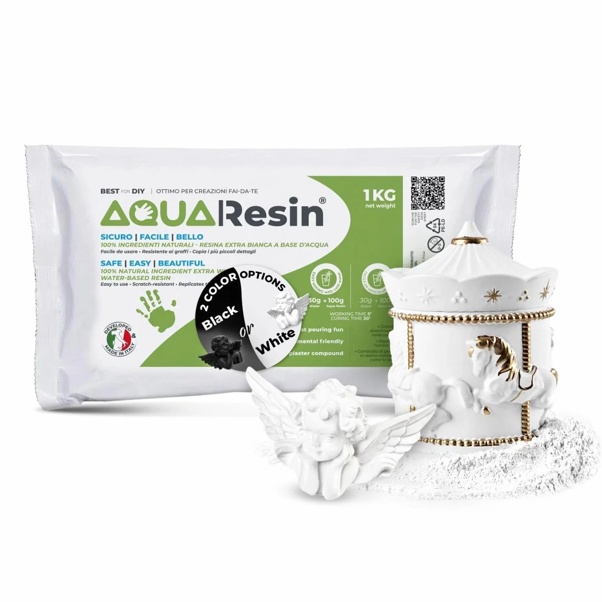 AQUA RESIN Gesso Ceramico Premium effetto Porcellana Made in Italy (1 kg) Gesso per Stampi in Silicone per DIY e Hobby Creativi Colate perfette Polvere di Ceramica Naturale Atossica a Base d’Acqua
