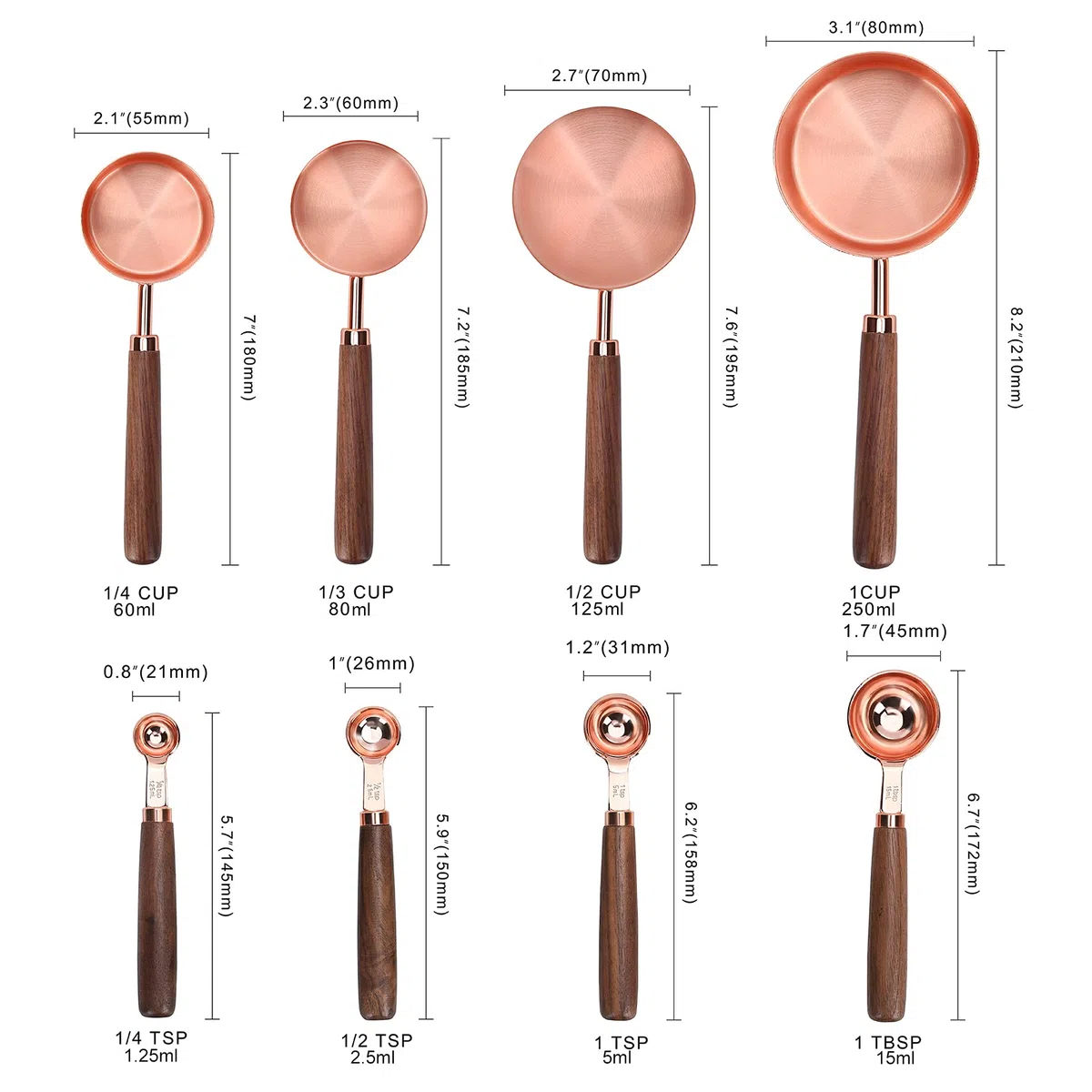 GuDoQi Cucchiai Dosatori Set, 8 Pezzi, Specchio In Acciaio Inossidabile Lucidato Premium, Manico in Legno, 4 Misurino Graduato, 4 Misurini Cucchiai per Misurare Razioni a Secco e Liquidi (Oro Rosa)