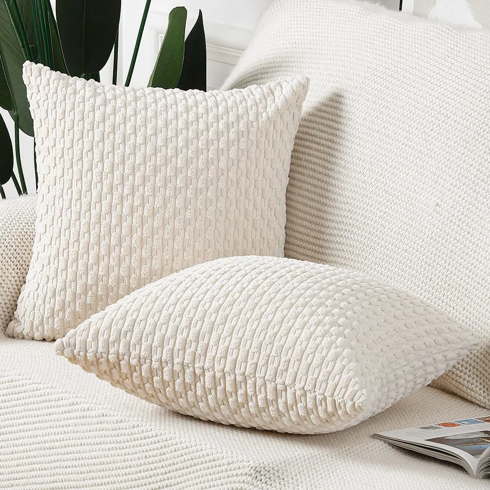Madizz 2 Pezzi Fodere in Velluto a Coste a Righe Boho Fodere per Cuscino Decorativa Morbida per Divano Camera da Letto Guscio del Cuscino Bianco crema Quadrata 40 x 40 cm