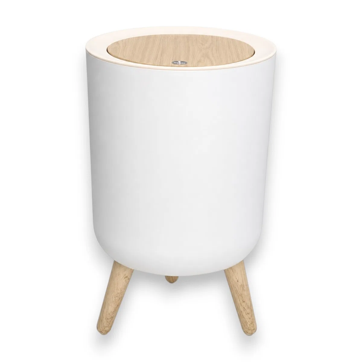 KORAT Cestino Pattumiera Bianca 7 Litri – Pattumiera in Metallo con Coperchio Effetto Push e Piedi in Bambù, Design Scandinavo, 22,5x22,5x36,5 cm