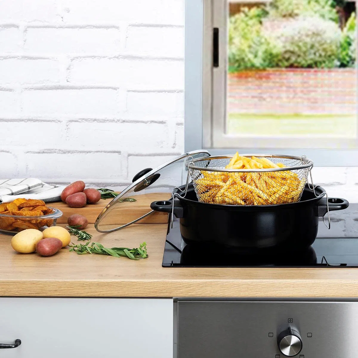 Arcuisine Gante, Pentola per friggere, con cestello e coperchio in vetro [istruzioni in Inglese ed Italiano non garantite]