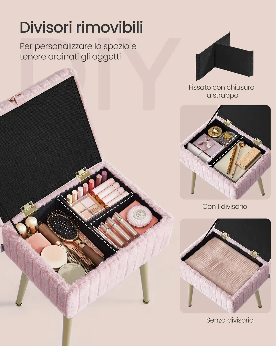 SONGMICS Sgabello da Trucco, Pouf Contenitore, Poggiapiedi, Gambe in Metallo, Imbottito, Piedini Regolabili, Soggiorno Camera da letto Cabina Armadio, Rosa Pastello LOM505SZ02