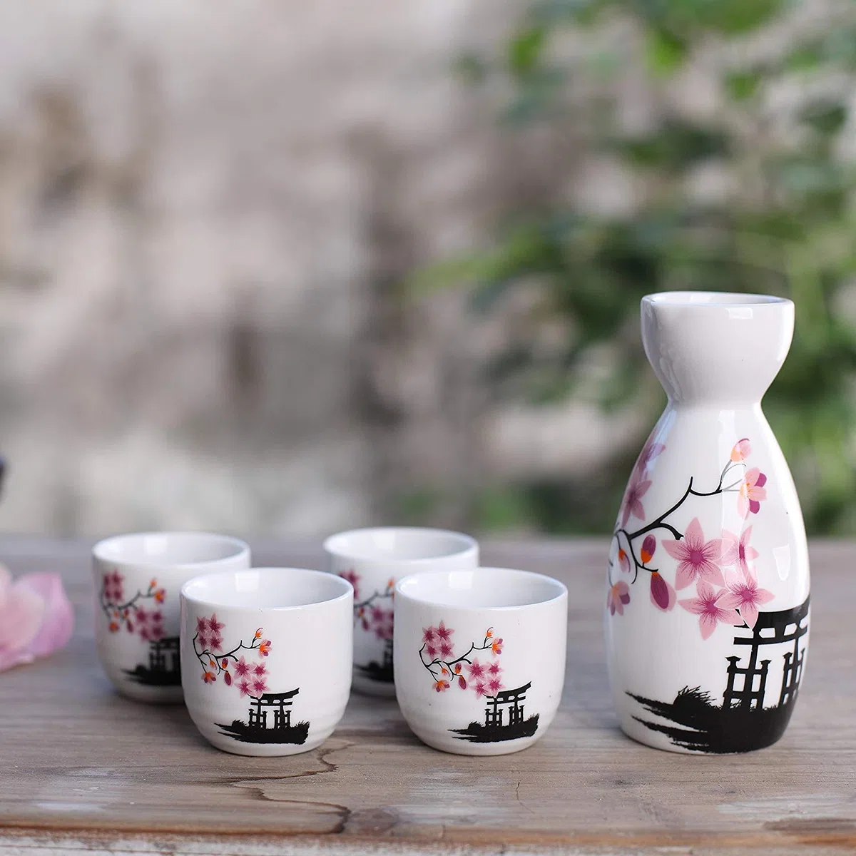 Lawei Set di sake giapponese in ceramica, 5 pezzi, motivo: fiori rosa