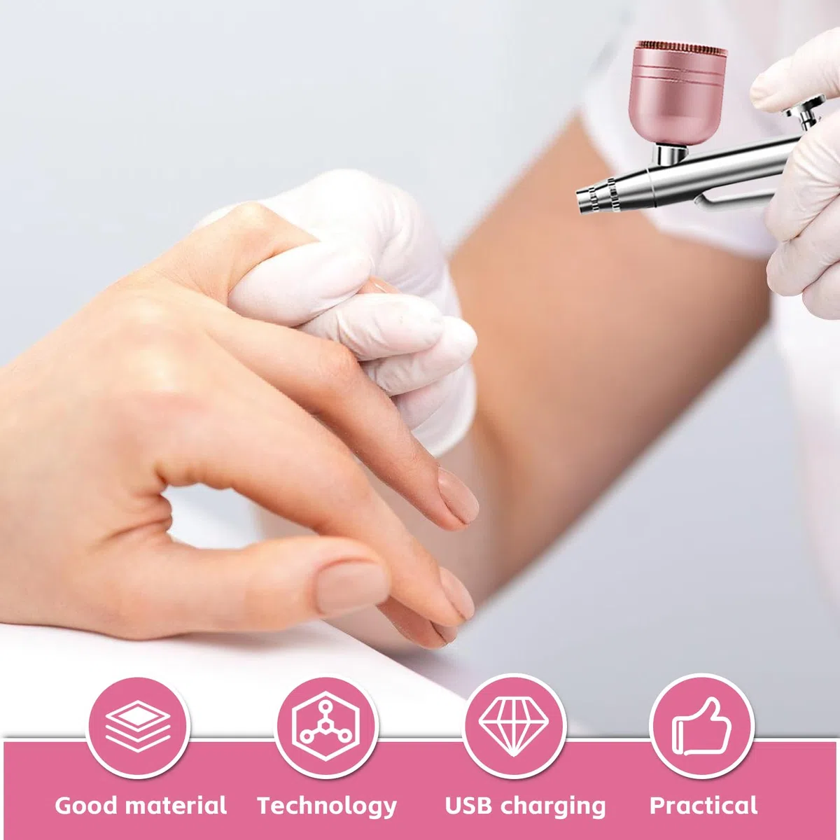 Set aerografo con compressore, kit aerografo con compressore, USB, ricaricabile, doppia azione per unghie, set di colori per modelli, nail art, tatuaggi (rosa)