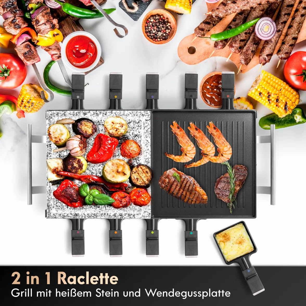 ProfiCook Grill raclette 2in1, raclette 10 persone, raclette con piano in pietra e piano cottura, antiaderente, impugnature isolate termicamente, termostato continuo,1700 Watt, acciaio inox,PC-RG 1144