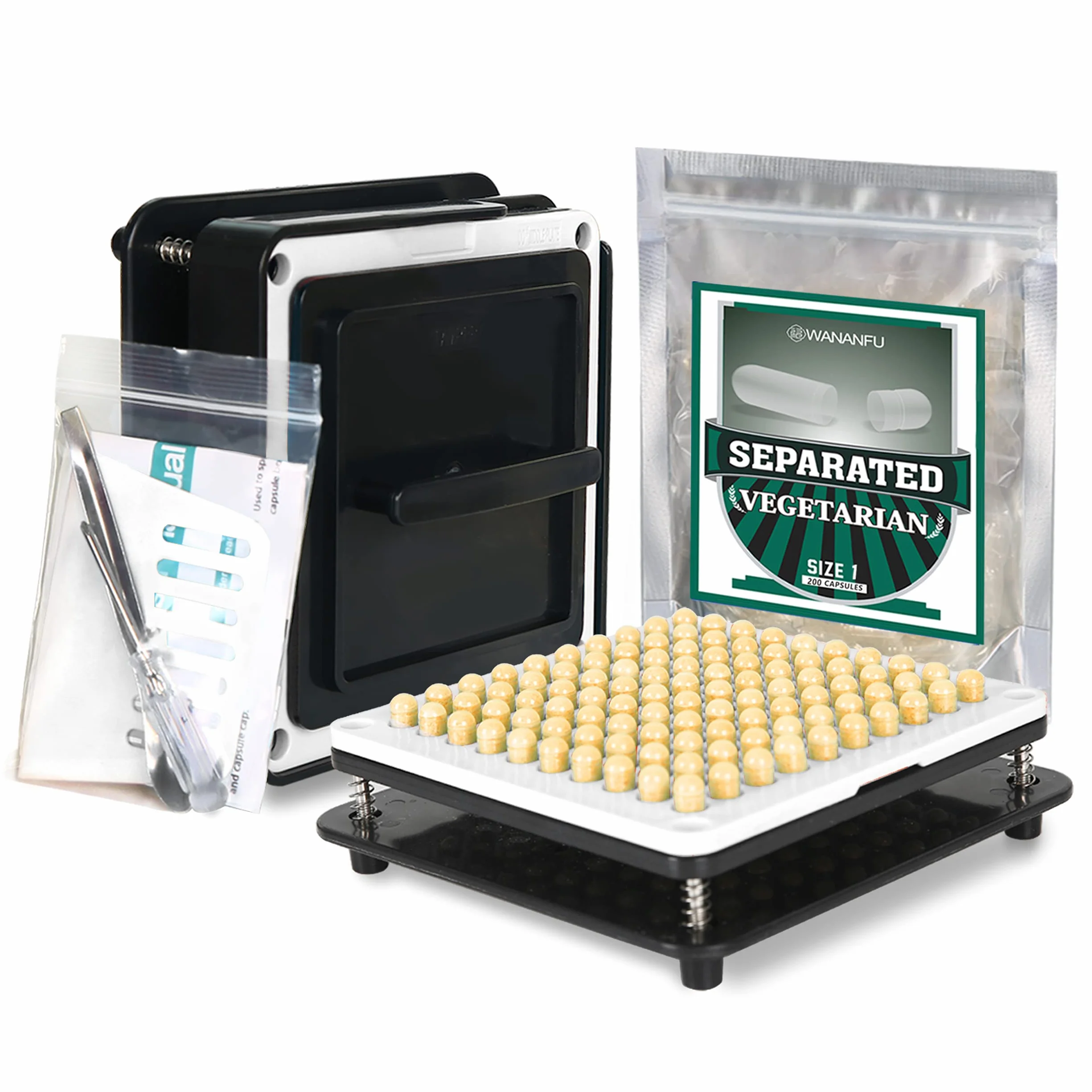WANANFU Macchina riempimento capsule taglia 1 con capsule vegetali vuote taglia 1 (200 pezzi), istruzioni dettagliate, cucchiaio e cacciavite