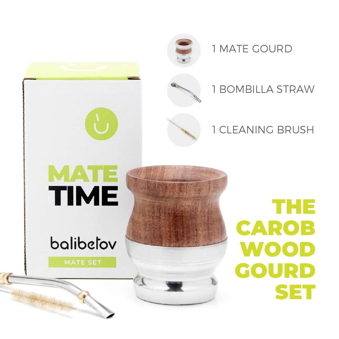BALIBETOV Yerba Mate - Zucca di legno tradizionale carruba in legno con alluminio (tazza mate) – Set contiene Bombilla (sorbeto) per Mate (legno con base in alluminio)
