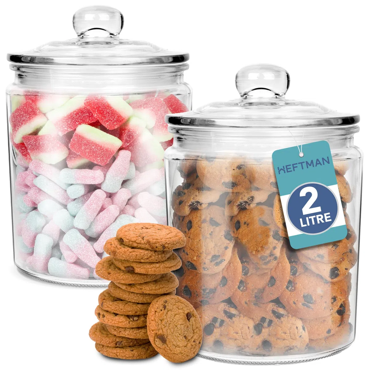 HEFTMAN Barattolo di Vetro con Coperchio - 2 x 2 Litri Trasparente, Barattoli Vuoti per Dolci con Coperchio Ermetico a Pressione - Robusti Barattoli da Farmacia in Vetro per Dolci, Caffè, Zucchero