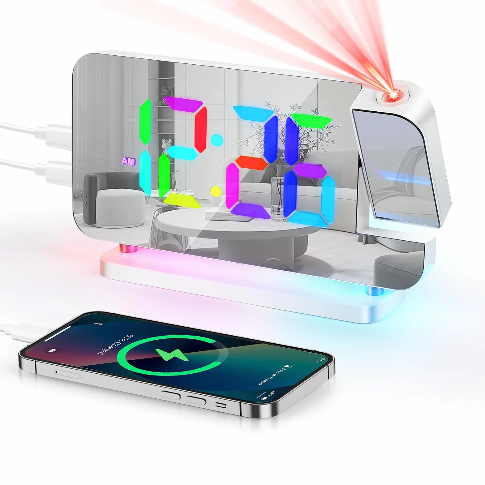 Euakee Sveglia Digitale, Sveglia con Proiezione, Orologio a Specchio LED da 7,4”, Luce Notturna a 10 Colori, Proiettore Ruotabile di 180°, Caricatore USB-C per Bambini Cameretta (Bianco)