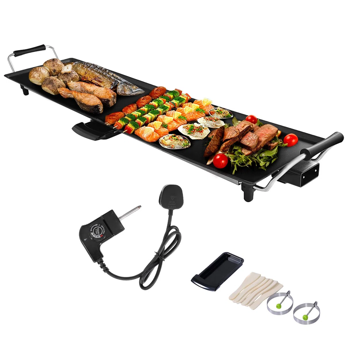 KOMFOTTEU Piastra Teppanyaki 1800W, Griglia Barbecue Elettrica, Rivestimento Antiaderente, Teppanyaki Grill da Tavolo per 8 Persone con 6 Spatole e 2 Anelli, Temperatura Regolabile, 90 x 23 cm, Nero