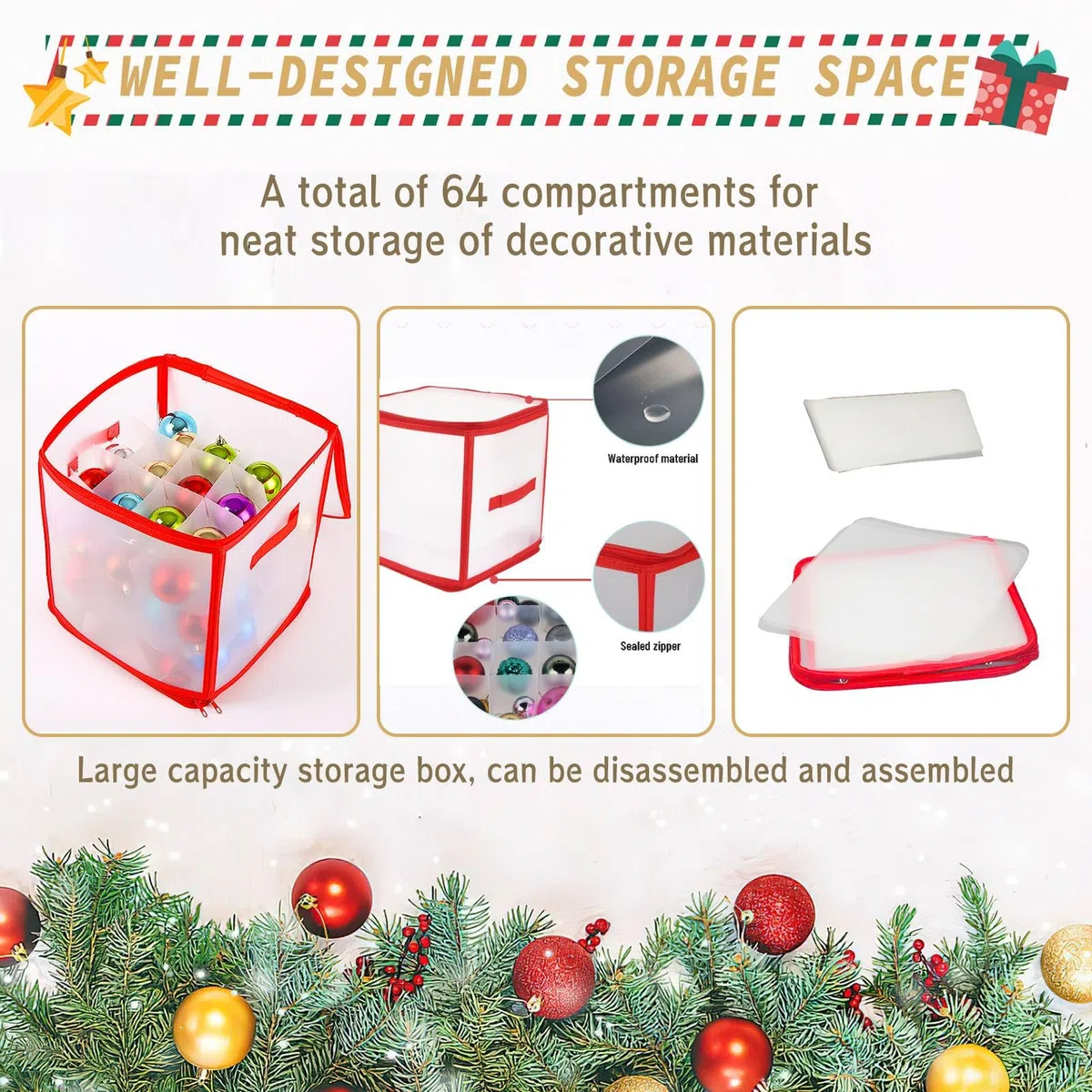 Scatola Portaoggetti per Ornamenti Natalizi, Contenitore per 64 Palline Albero di Natale, Borsa e Scatola Porta Palle