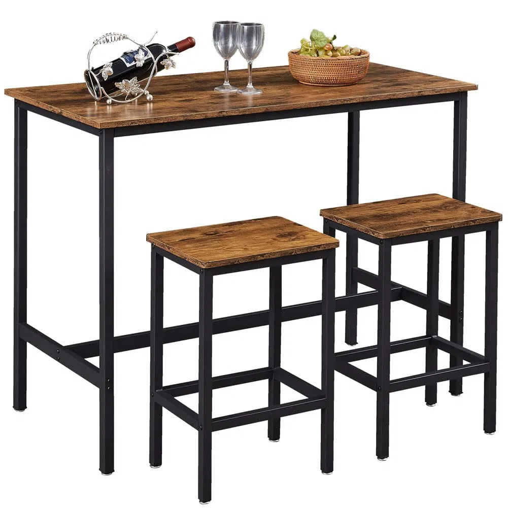 BAKAJI Tavolo Alto con 2 Sgabelli Sedie a Scomparsa per Sala da Pranzo Salotto Cucina Design Moderno Industriale Struttura in Metallo Nero Piano e Seduta in Legno MDF Effetto Abticato Arredamento