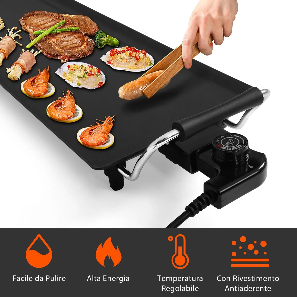 SOARS Piastra Elettrica 1800W, Barbecue Elettrico 5 Livelli di Temperatura, con Rivestimento Antiaderente, 6 Piccolo Supporto per Padella, per Cucinare, Grigliare (Piastra Liscia 90 X 23 CM)