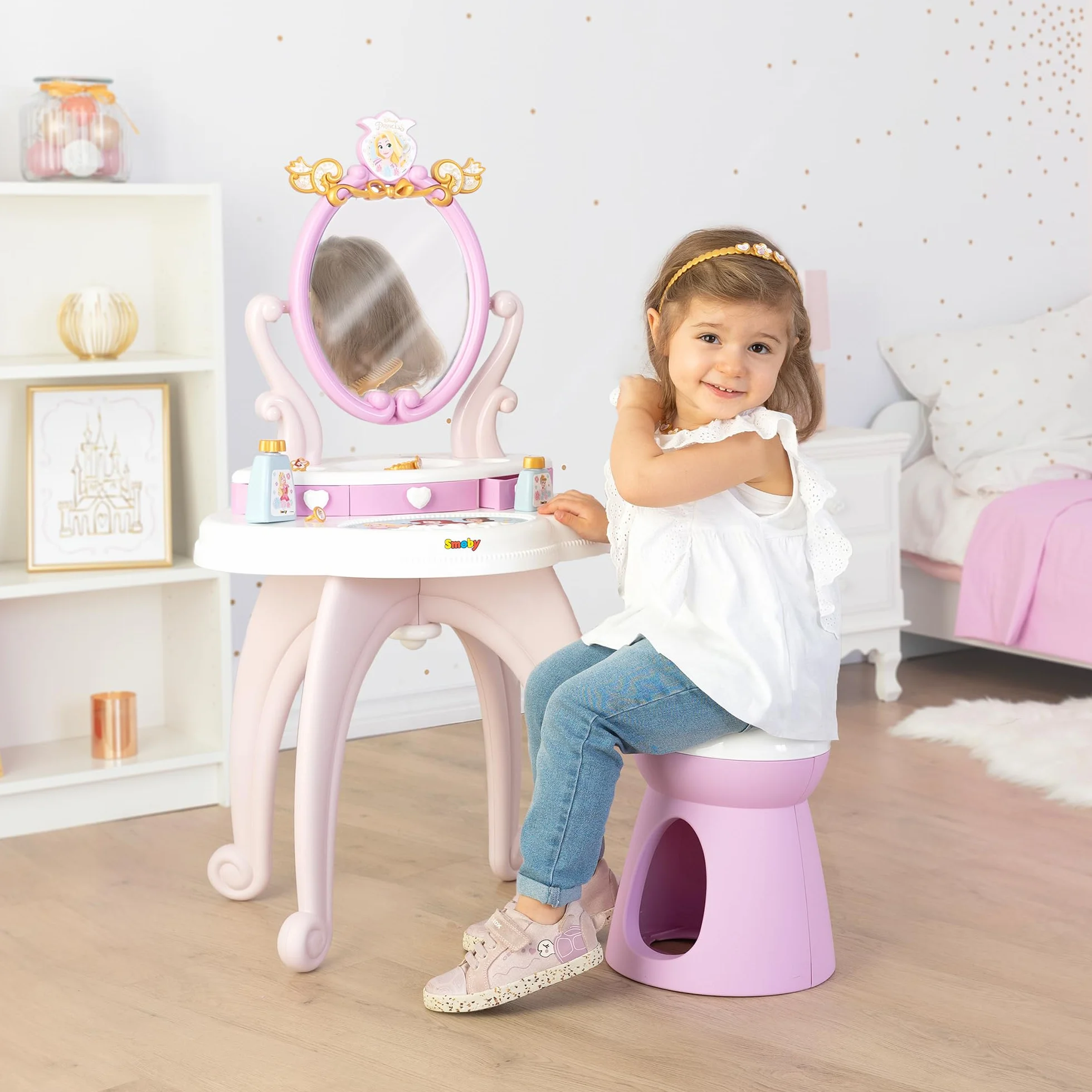 Smoby - Disney Princess specchiera 2 in 1, 7600320250, +3 anni, con sgabello, specchio girevole, da specchiera a tavolo, 10 accessori