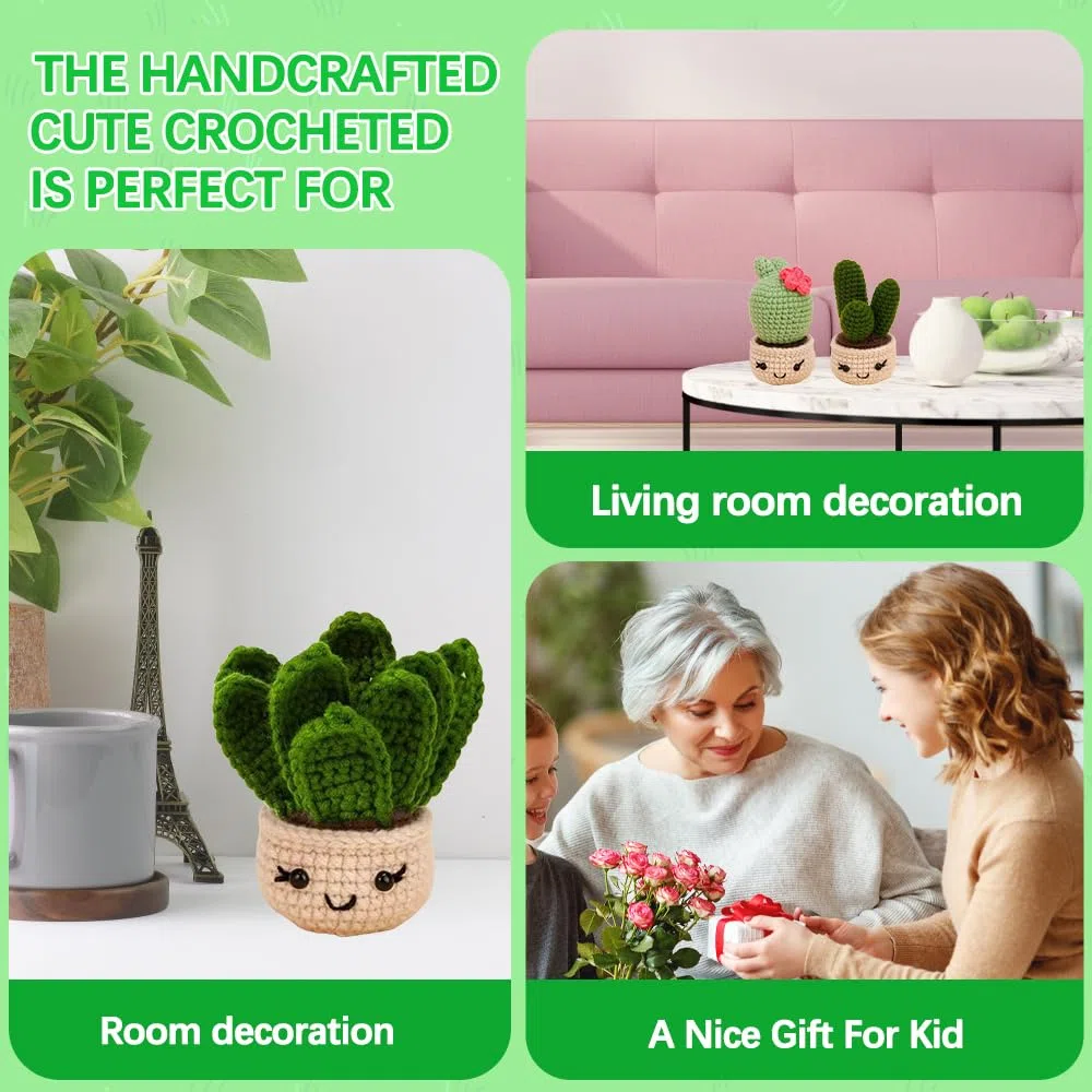Mecmbj Kit Uncinetto Principianti, 6 Vasi per Piante di Cactus Crochet Kit, Set Uncinetto Principianti con Istruzioni Video Passo di Inglese, per Adulti e Bambini(Cactus in Vaso)