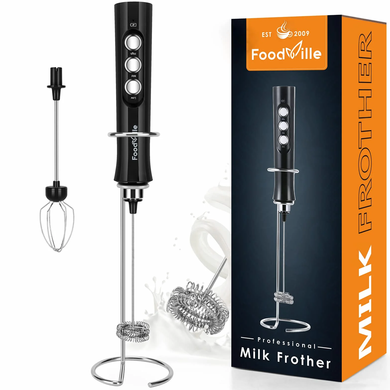 FoodVille MF02 Montalatte Elettrico USB Ricaricabile con Frusta Inossidabile per Cappuccino, Latte, Bulletproof Coffee, Dieta Cheto, Proteine in Polvere, Matcha