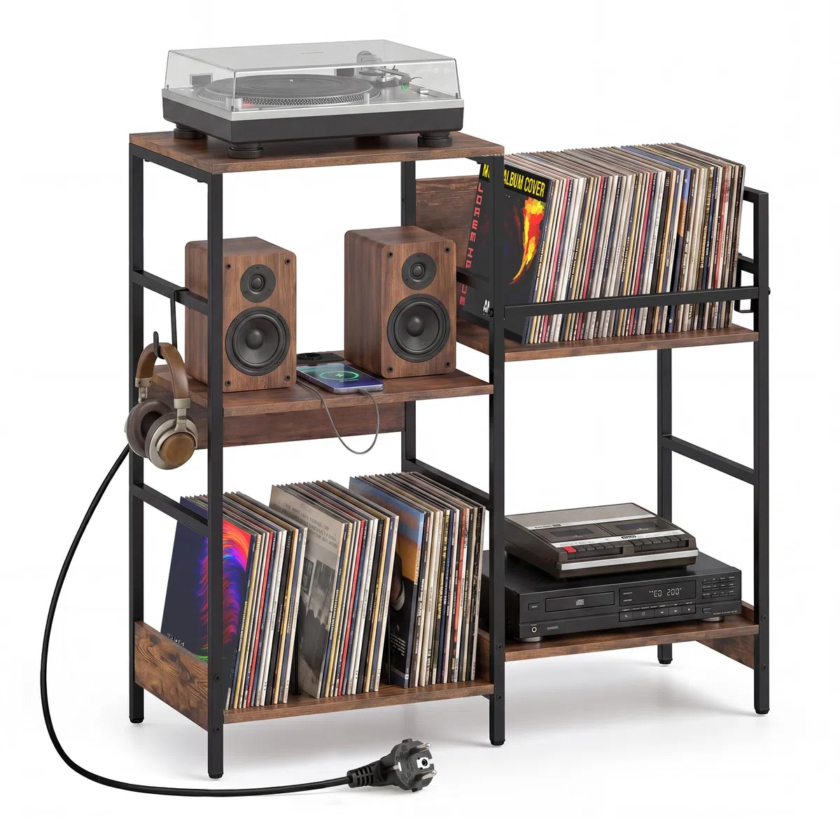 COSTWAY Mobile per Giradischi, Supporto per Vinile con Stazione di Ricarica, Mobile Porta Giradischi con 3 Ripiani, Scomparto, Ripiano Porta Vinili e 3 Ganci per Soggiorno e Studio, 78 x 30 x 78 cm