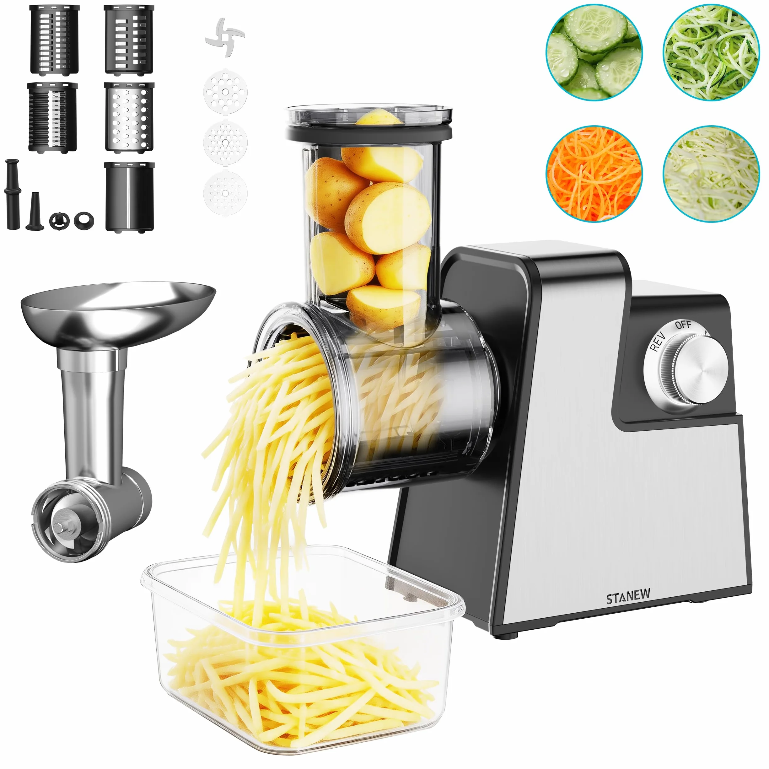 Tritacarne elettrico professionale da 2500 W con 5 lame inossidabili, multifunzionale, grattugia, accessorio completo, design compatto per preparazioni casalinghe