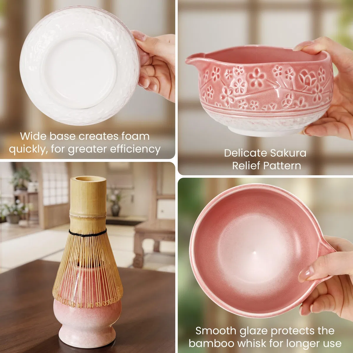Kit Matcha 7 pezzi, Frusta in Bambù con Portafrusta, Ciotola in Ceramica con Beccuccio, Colino, Cucchiaio, Strofinaccio – Per Matcha Latte, Cerimonia del Tè Giapponese – Rosa Sfumato