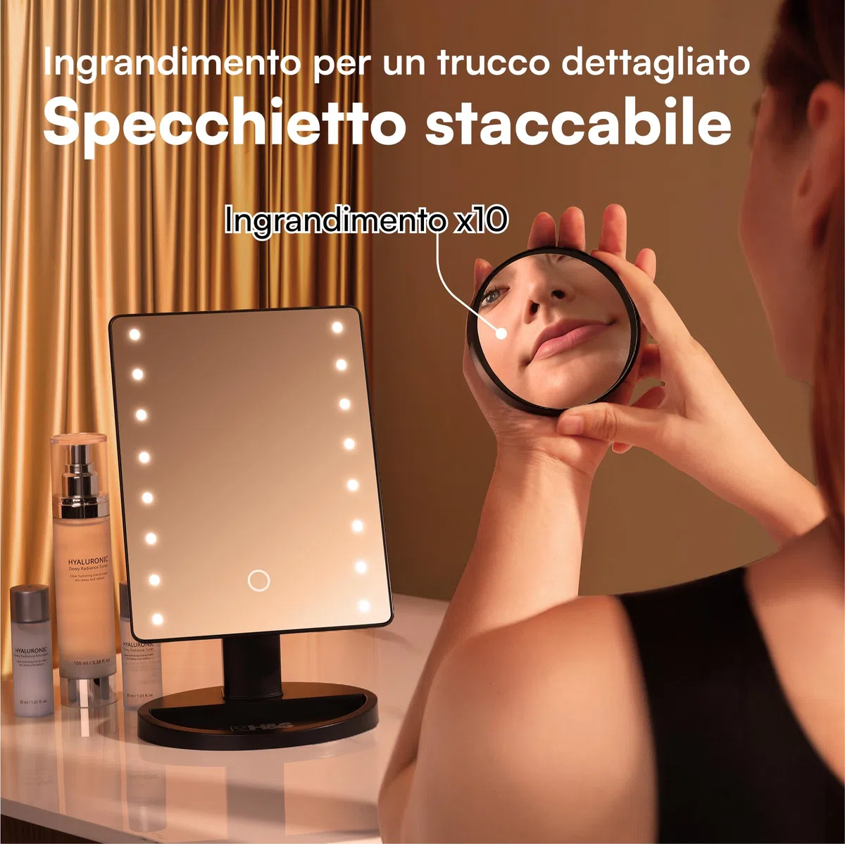 H&S Specchio Trucco con Luci LED Luminose - Specchi Regalo Donna e Uomo Regolabili - Specchio Makeup Rotondo a Punti di Ingrandimento 10x - Specchietto con Luce Trucco