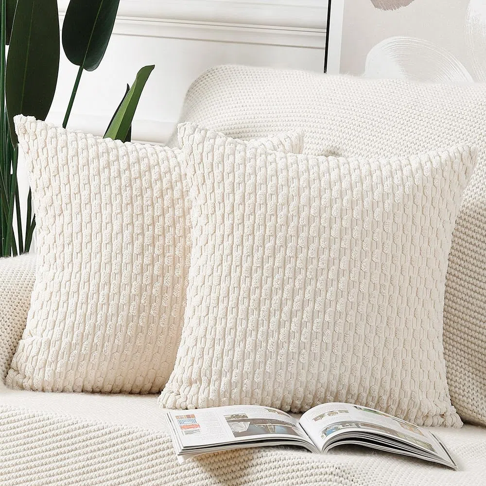Madizz 2 Pezzi Fodere in Velluto a Coste a Righe Boho Fodere per Cuscino Decorativa Morbida per Divano Camera da Letto Guscio del Cuscino Bianco crema Quadrata 40 x 40 cm