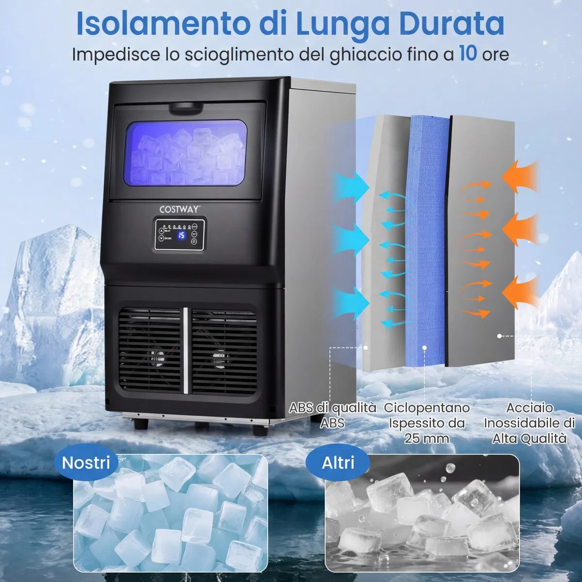 COSTWAY Macchina per Ghiaccio Commerciale, 25-30 kg/24H, Produttore di Ghiaccio in Acciaio Inox con Autopulizia, Filtro dell’Acqua, per Bar Ristorante e Caffetteria