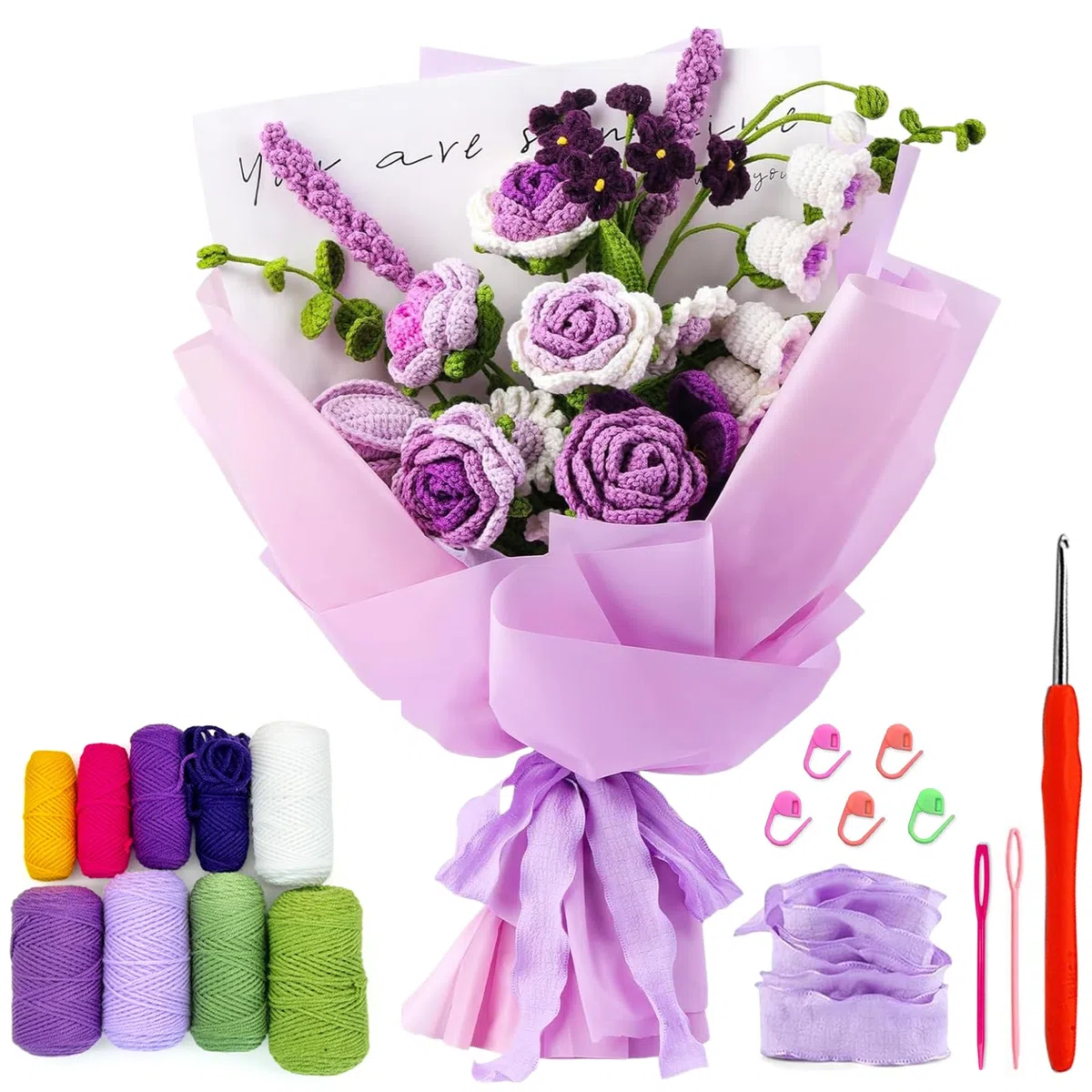 BoloShine Kit Uncinetto per Principianti, Rose e Bouquet Kit All'uncinetto Kit di Partenza con Video di Lstruzioni, Arredamento Creativo per la Casa, Regalo di Compleanno Ideale per Mamma e Sorelle