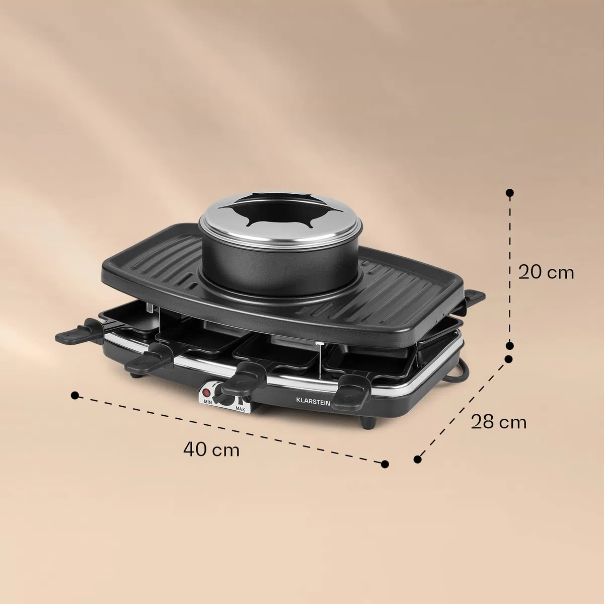 Klarstein 3-in-1 Griglia per Raclette e Set Fonduta Formaggio, Piastra Raclette Formaggio in Pietra Ollare 11W, Piastra Elettrica per Grigliare Carne e Formaggio con Pentole e Forchette per Fonduta