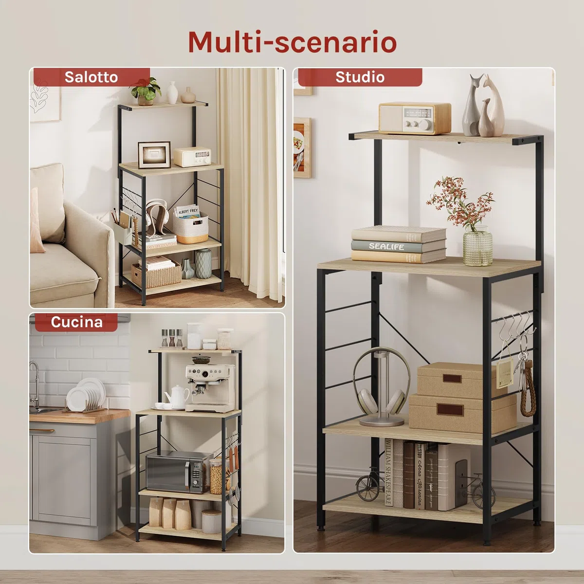 WOLTU Scaffale per Cucina in Acciaio Legno 4 Ripiani Carrello per Microonde Scaffalature Organizzatore 60x40x123 cm