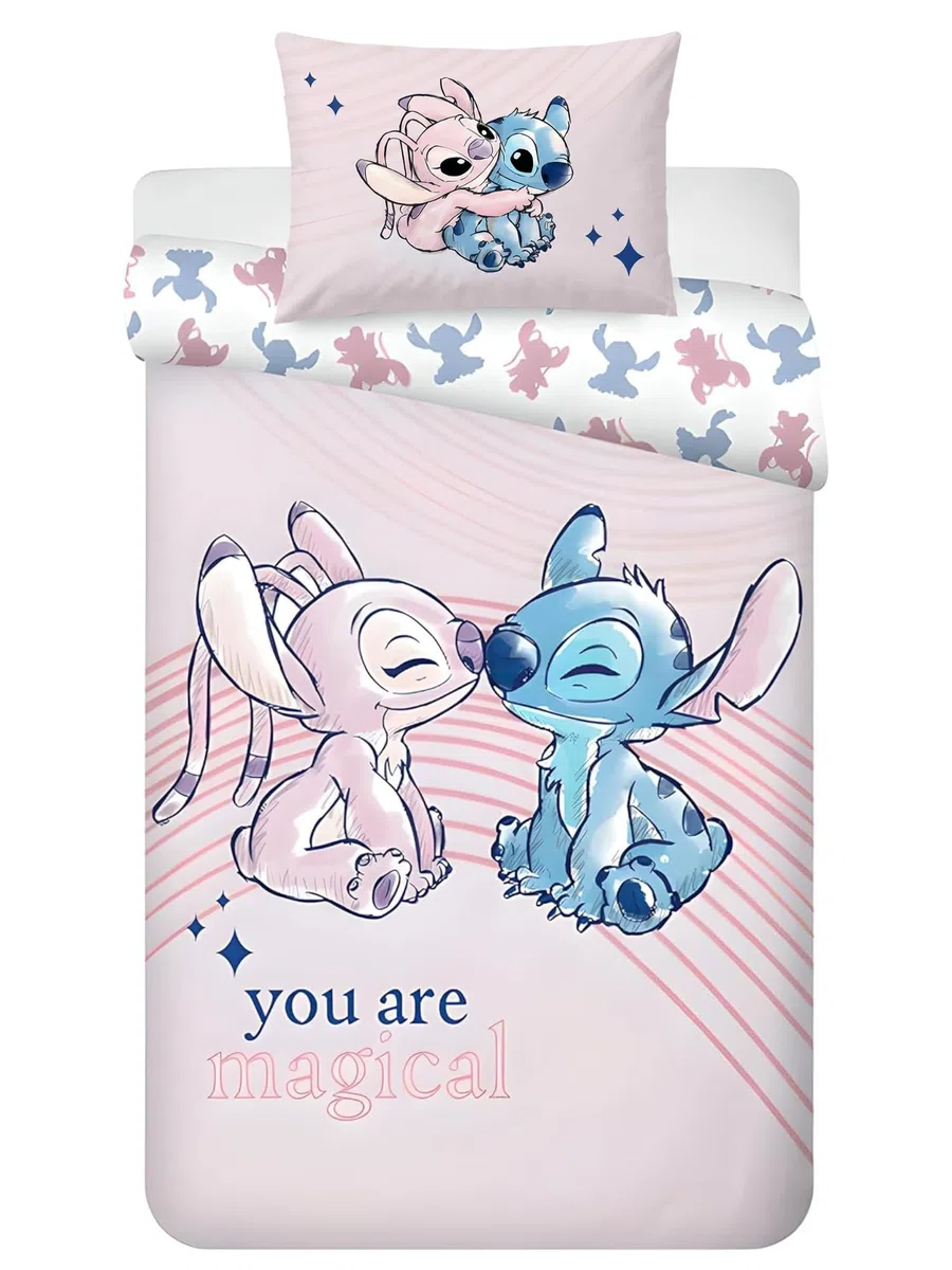 Disney Stitch & Angel Set di biancheria da letto reversibile | Letto singolo 140x200 cm con copripiumino & federa 50x70 cm, 100% cotone | Morbido e traspirante set di biancheria da letto per bambini