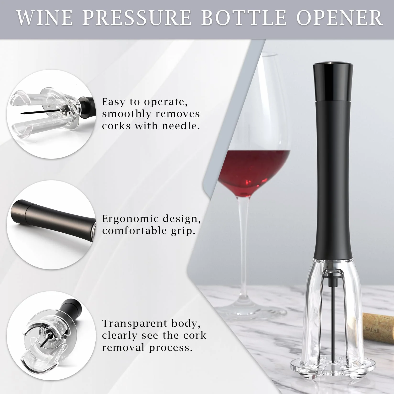 Cavatappi Vino Pressione Aria con 2 Tappi Bottiglie Riutilizzabili, Apribottiglie a Pompa Rapido e Facile da Usare, Professionale Accessori Vino per Casa, Raduni e Regalo