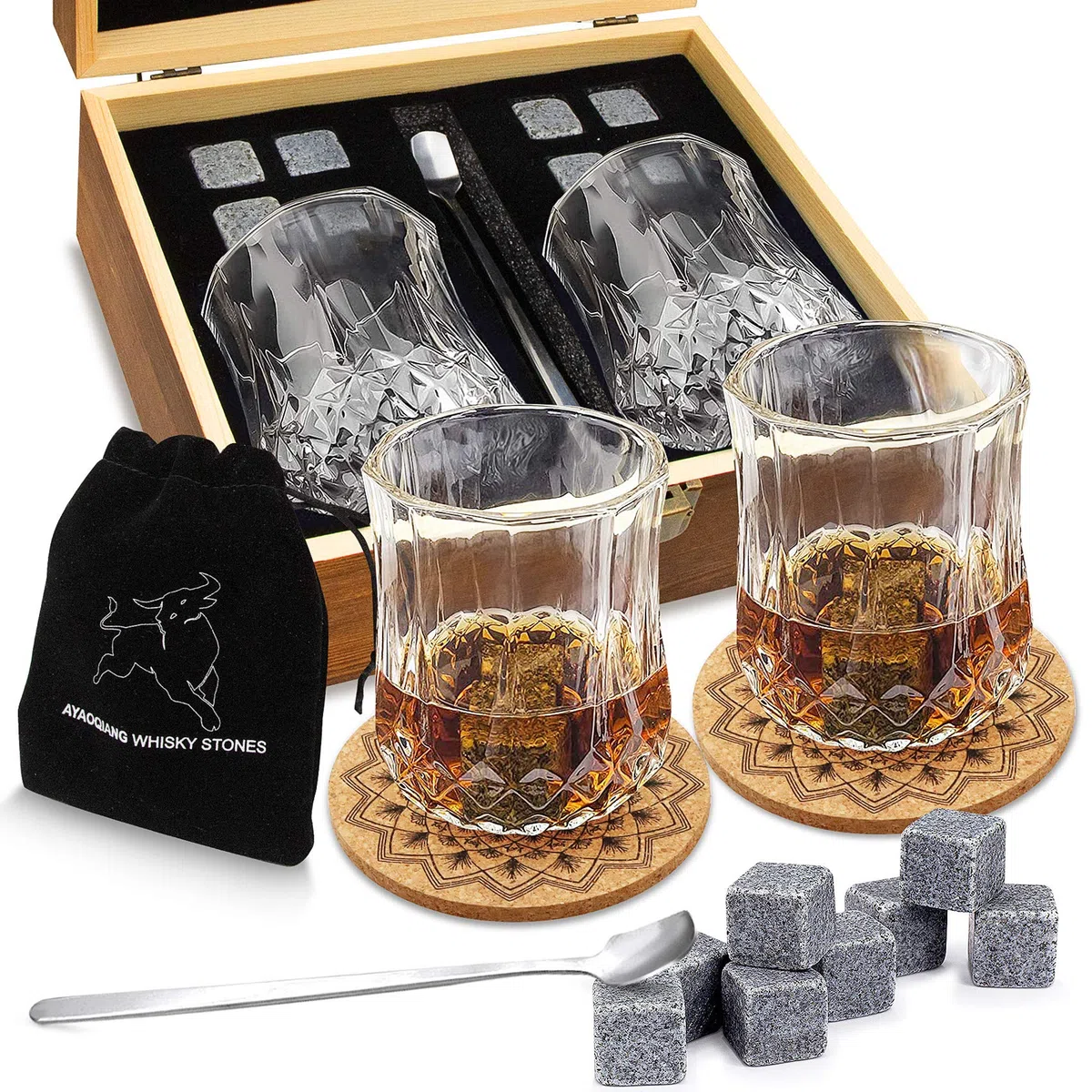 Whisky Stones Set da Regalo da uomo di Pietre e Bicchieri di Whisky, Set di 8 Granito Cubetti di Ghiaccio Riutilizzabil, 2 Bicchieri da Whiskey, Whisky Pietre Set con Sottobicchieri.