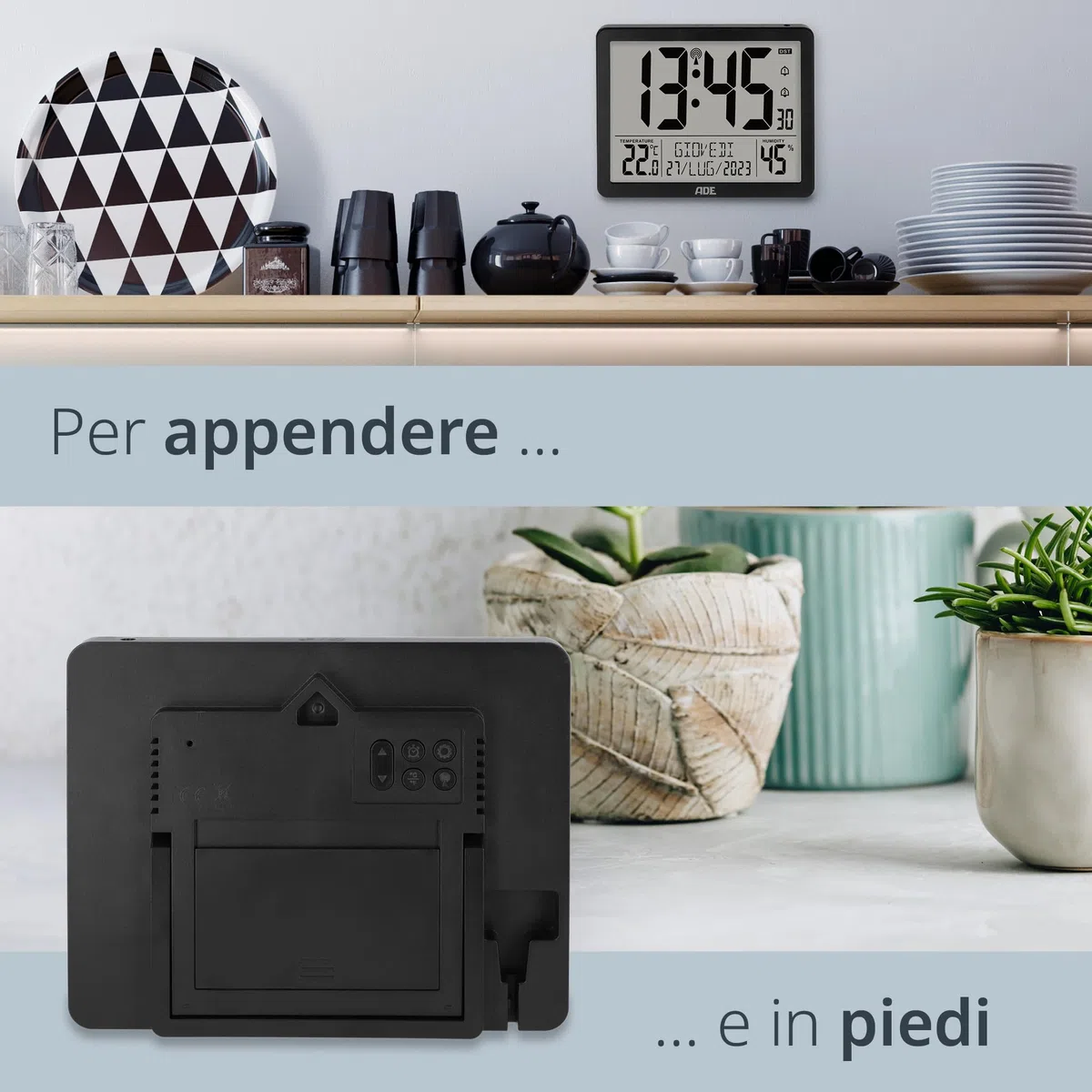 ADE Orologio digitale radiocontrollato con cifre molto grandi | Orologio da tavolo o parete con 2 orari di sveglia e illuminazione | Termometro Igrometro | Cornice stretta in nero opaco