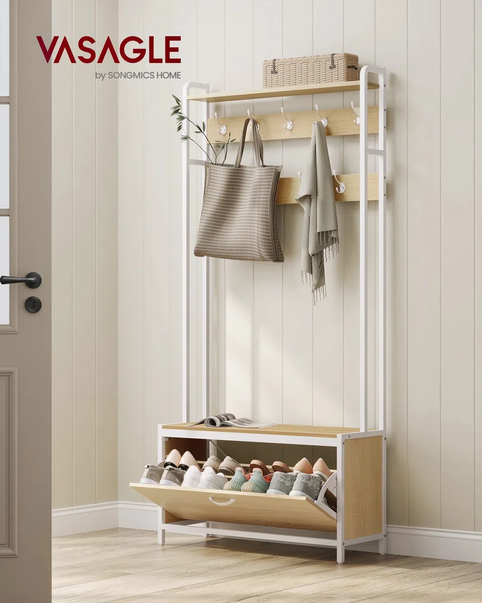 VASAGLE Appendiabiti con Scarpiera a Ribalta, Mobile da Ingresso, con Panca, 9 Ganci e Mensola Superiore, per Corridoio Camera da Letto, Stile Moderno, Rovere e Bianco HSR405W09